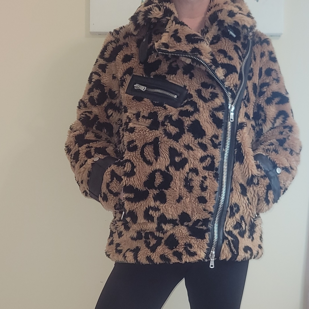 Avex Les Filles leopard print faux fur moto jacket. SMALL - Picture 14 of 15